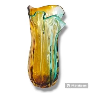 Large Glass Vase Murano-Style Blue Yellow 14"
